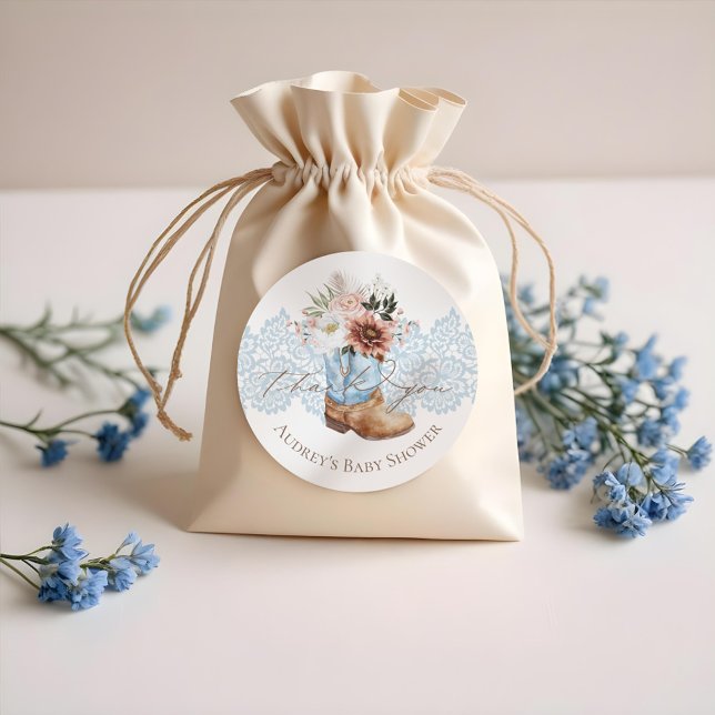 Sticker Rond Boho Floral Western Blue Cowboy Boot Merci (Boho Floral Western Blue Cowboy Boot Thank You Classic Round Sticker)