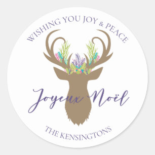 Sticker Rond Boho French Christmas Joie Reindeer Typographie
