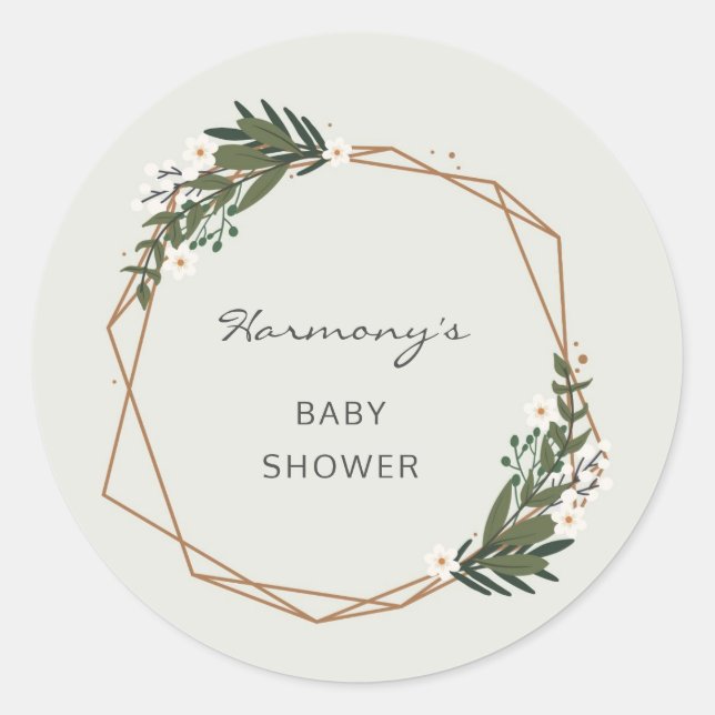 Sticker Rond Boho Gold Géométrique Verdure Élégant Baby shower (Devant)