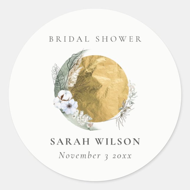 Sticker Rond Boho Gold Saga Green Floral Wreath Fête des mariée (Devant)