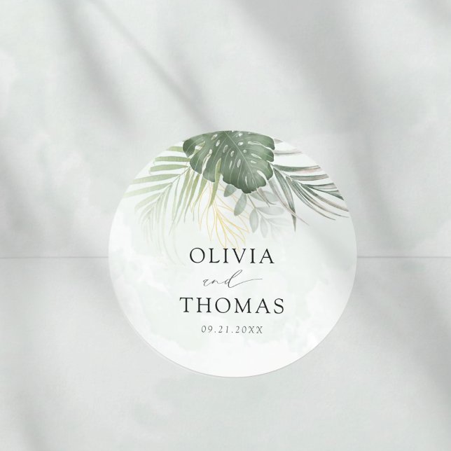 Sticker Rond Boho Green Palms Coastal Wedding (Créateur téléchargé)