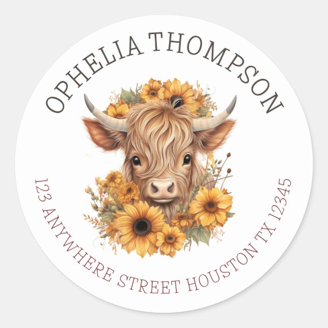 Sticker Rond Boho Highland Cow Baby shower Adresse de retour (Devant)