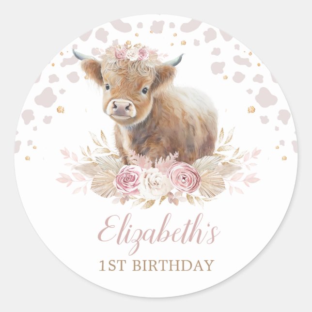 Sticker Rond Boho Highland Cow Floral Pampas Herbe 1er Annivers (Devant)