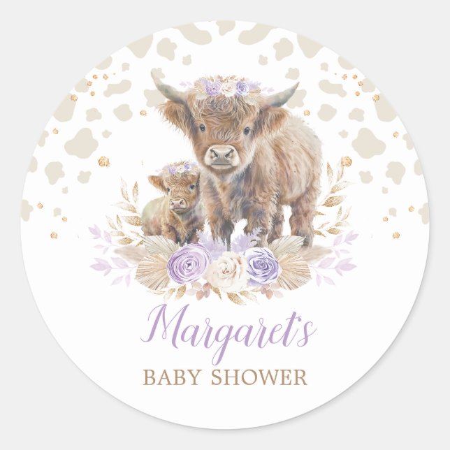 Sticker Rond Boho Highland Vache violet Roses Floral Baby Girl (Devant)