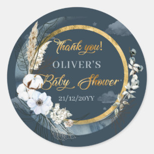 Sticker Rond Boho marine et or lune pampa fleurs blanches
