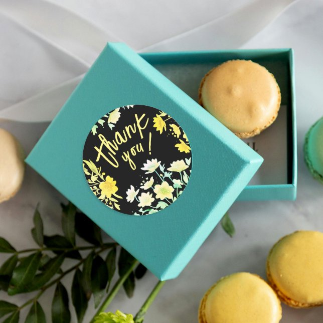 Sticker Rond Boho Merci Printemps Vert Jaune Noir Floral (Créateur téléchargé)