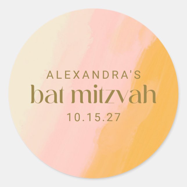 Sticker Rond Boho moderne aquarelle rose Bat mitzvah jaune (Devant)