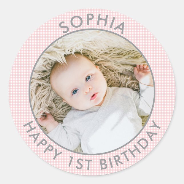 Sticker Rond Boho moderne Joyeux 1er anniversaire Photo mignonn (Devant)