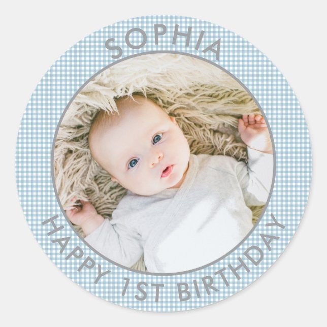 Sticker Rond Boho moderne Joyeux 1er anniversaire Photo mignonn (Devant)