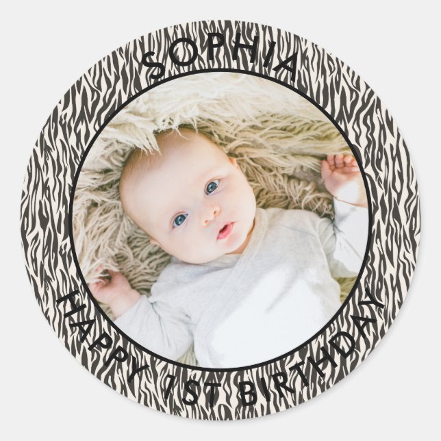Sticker Rond Boho moderne Joyeux 1er anniversaire Safari photo (Devant)