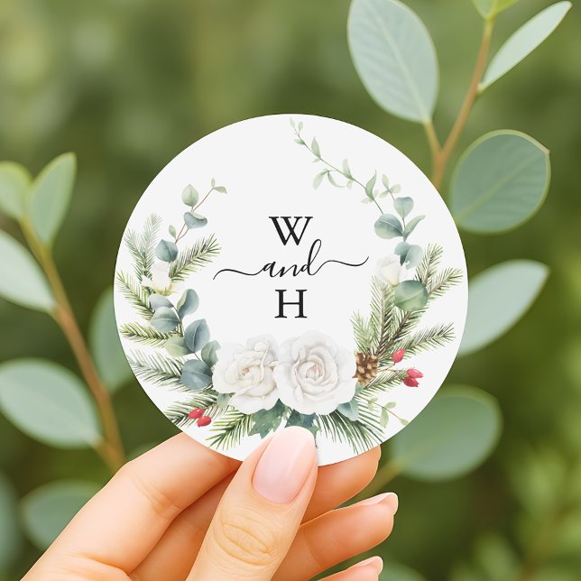 Sticker Rond Boho Monogramme Hiver Verdure Mariage Faveur (Créateur téléchargé)