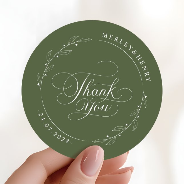 Sticker Rond Boho Olive Green Wedding Thank You Favor (Créateur téléchargé)