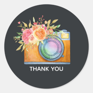 Sticker Rond Boho Orange Caméra & Fleurs Merci d'aquarelle