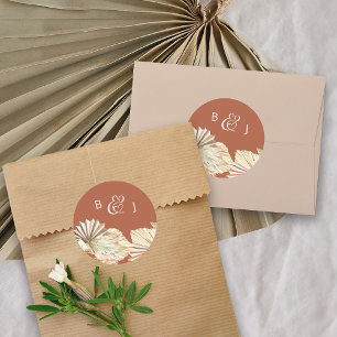 Sticker Rond Boho Palm Monogrammé Mariage en terre cuite