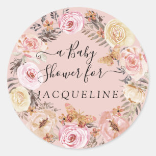 Sticker Rond Boho Papillon rose Aquarelle Floral Wreath Baby