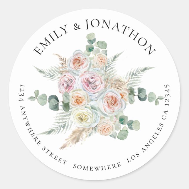 Sticker Rond Boho Pastel Florals Eucalyptus Nom Adresse de reto (Devant)