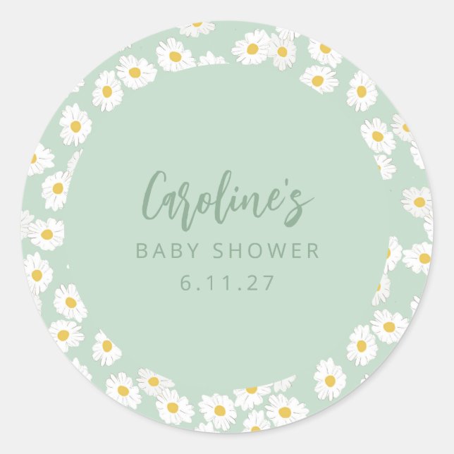 Sticker Rond Boho Pastel Sage Daisies Floral Baby shower Person (Devant)