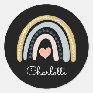 Sticker Rond Boho personnalisé aquarelle arc-en-ciel noir