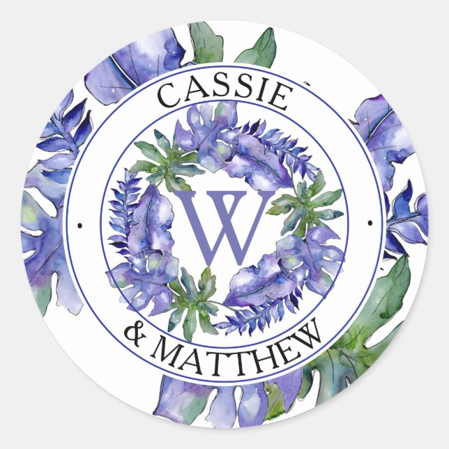 Sticker Rond Boho pourpre | Green Tropical Feuille Mariage (Devant)