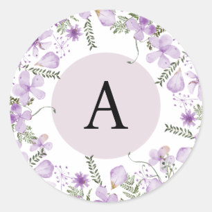 Sticker Rond Boho Purple Fleurs Monogramme Enveloppe ronde Scea