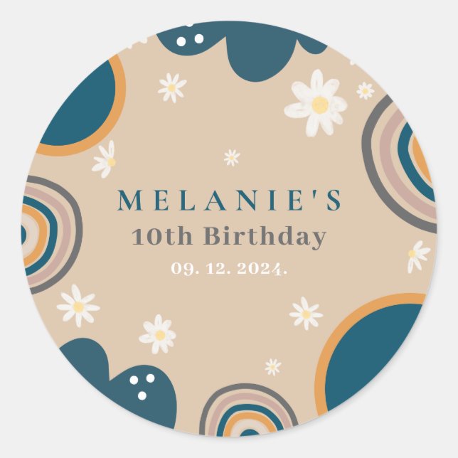 Sticker Rond Boho Rainbow Daisy Beige Anniversaire (Devant)