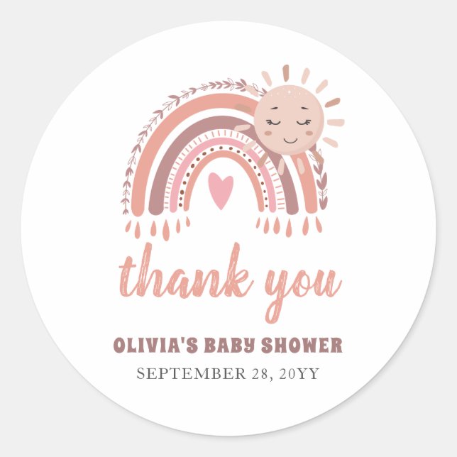 Sticker Rond Boho Rainbow & Sun Baby shower Merci (Devant)
