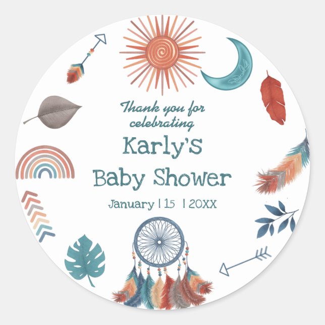 Sticker Rond Boho Retro Baby shower Sun Moon Merci (Devant)