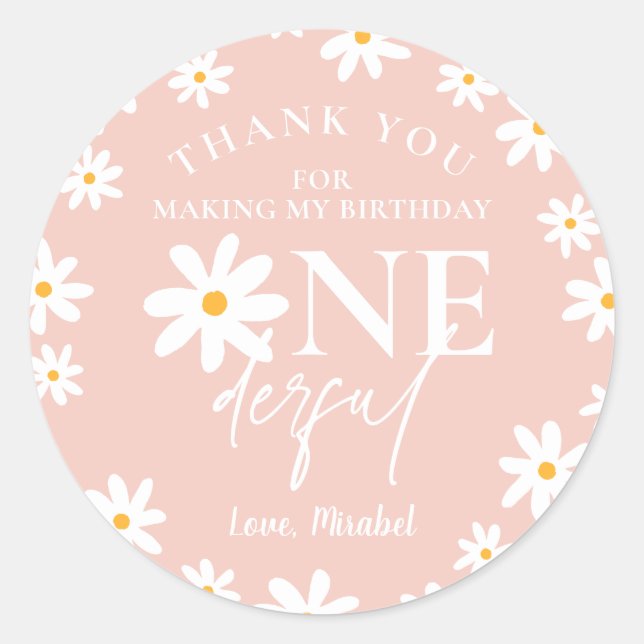 Sticker Rond Boho Retro Blush Pink Daisy Wild Un 1er anniversai (Devant)