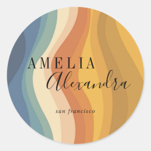 Sticker Rond Boho Retro Script Abstrait Wavy Lines Jaune Bleu