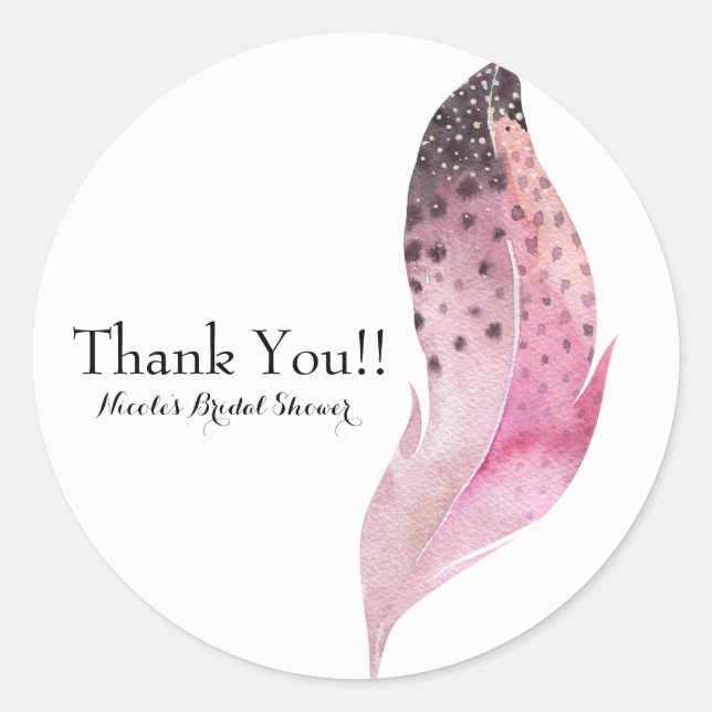 Sticker Rond Boho rose Chic Bohème Plumes Personnalisé Fête Fav (Devant)