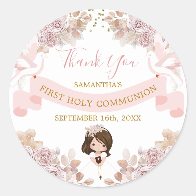 Sticker Rond Boho Rose Floral fille 1er Merci Communion (Devant)