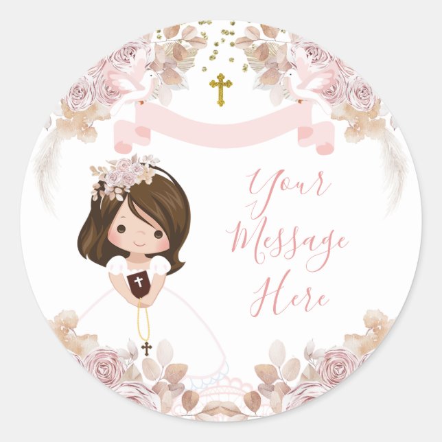 Sticker Rond Boho rose floral fille 1ère communion Votre messag (Devant)