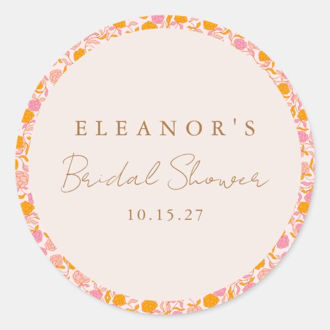 Sticker Rond Boho Rose Orange Floral Cute Fête des mariées pers (Devant)