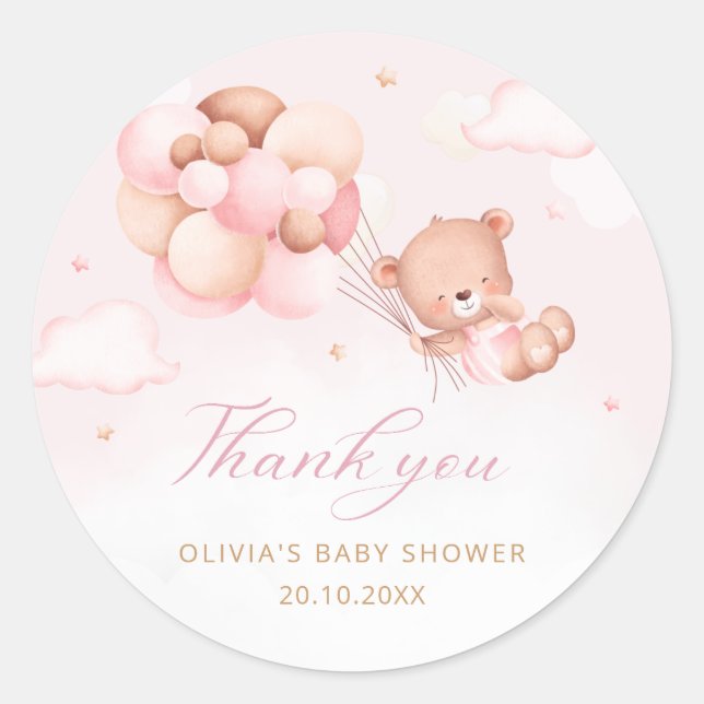 Sticker Rond Boho rose Teddy ours fille Merci Baby shower (Devant)