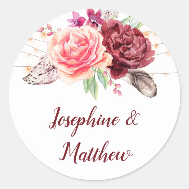 Sticker Rond Boho Roses plumes Mariage (Devant)