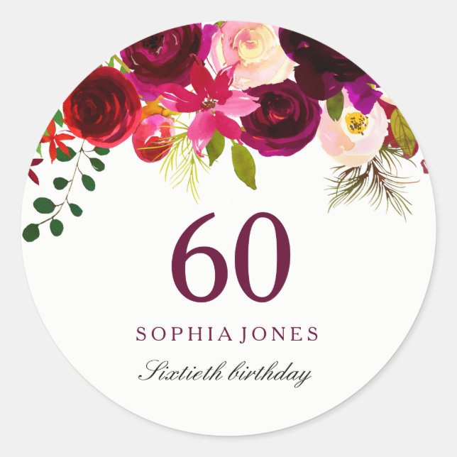 Sticker Rond Boho rouge bordeaux 60e fête d'anniversaire (Devant)