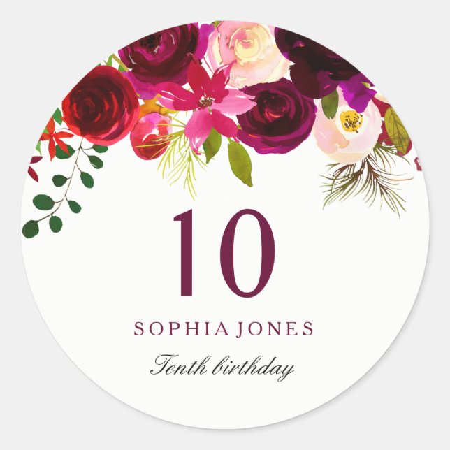 Sticker Rond Boho rouge Bourgogne 10e fête d'anniversaire (Devant)