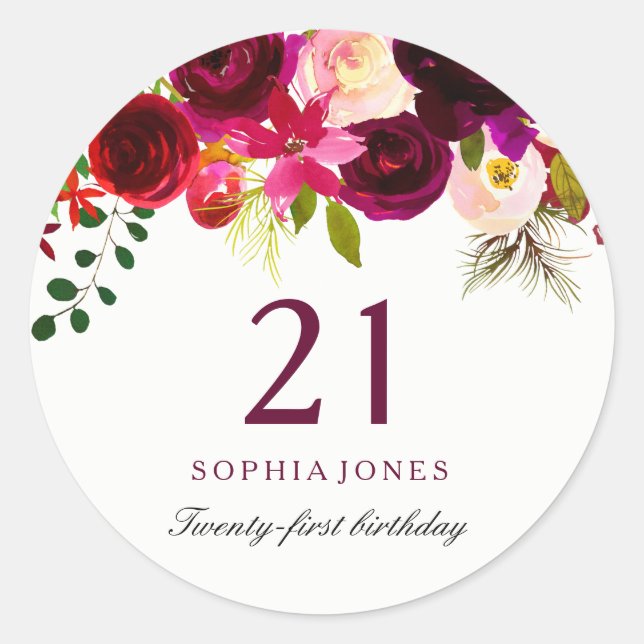 Sticker Rond Boho rouge Bourgogne 21e fête d'anniversaire (Devant)