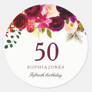 Sticker Rond Boho rouge Bourgogne 50e fête d'anniversaire