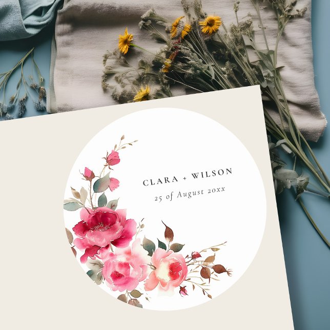 Sticker Rond Boho Rouge Rose Fleurs Mariage d'aquarelle (Créateur téléchargé)
