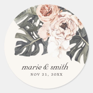 STICKER ROND BOHO RUST MONSTERA COULEUR D'EAU MARIAGE FLORAL