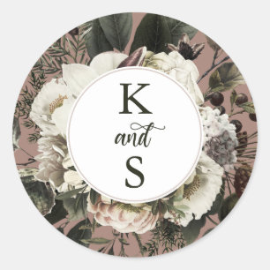 Sticker Rond Boho Rustique Dusty rose Floral Mariage Monogram C