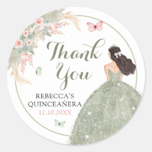 Sticker Rond Boho Sage Vert rose Quinceañera Merci