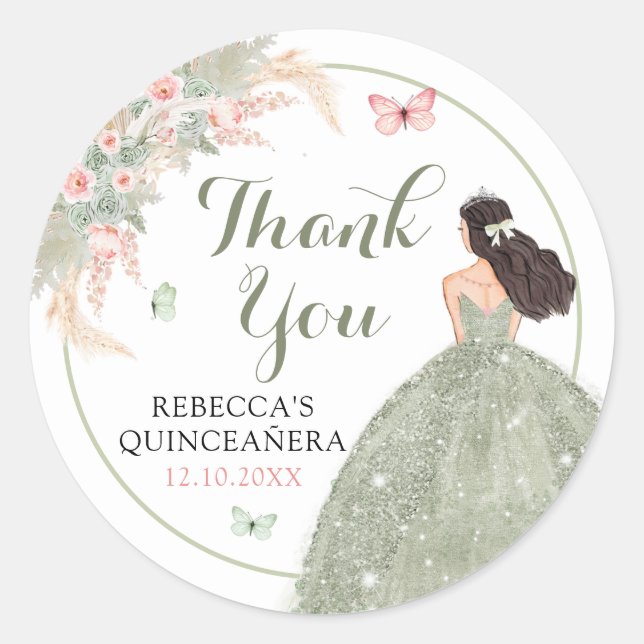 Sticker Rond Boho Sage Vert rose Quinceañera Merci (Devant)