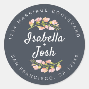 Sticker Rond Boho Script rose Floral Mariage Adresse de retour