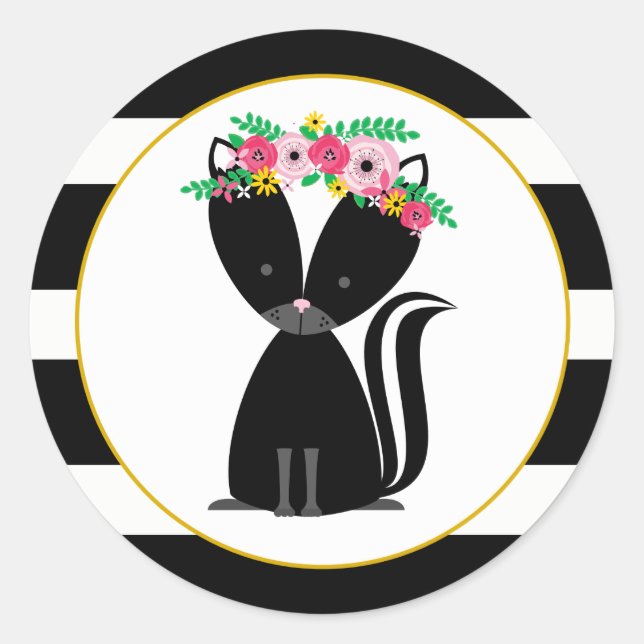 Sticker Rond Boho Skunk Black + White Stripe Baby shower (Devant)