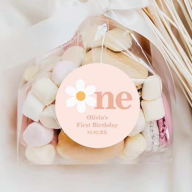 Sticker Rond Boho Spring Blush Rose Daisy Un Premier Anniversai (Créateur téléchargé)