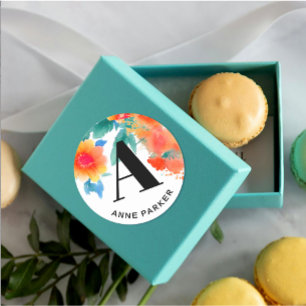 Sticker Rond Boho Stylish Aquarelle Nom Floral Monogramme