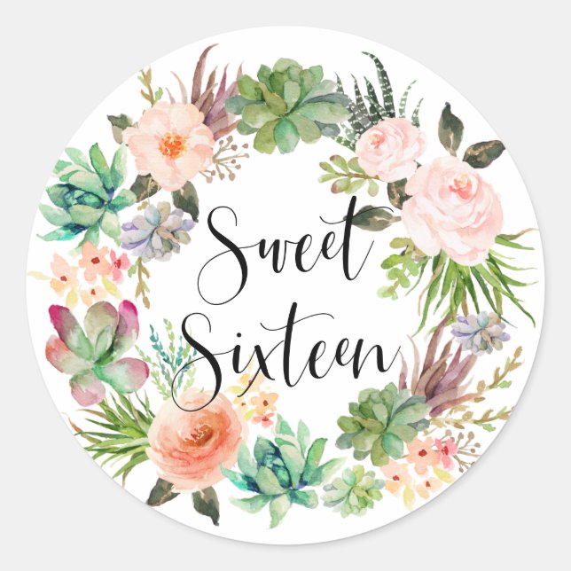 Sticker Rond Boho succulent Sweet sixteen de couronne de fleurs (Devant)