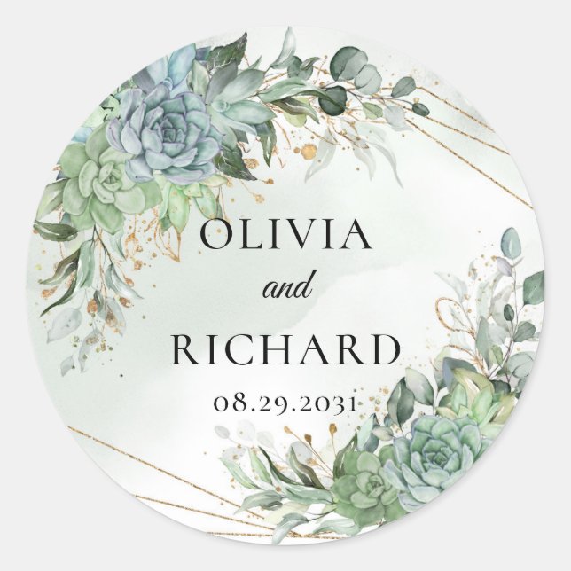 Sticker Rond Boho succulent vert eucalyptus cadre or (Devant)